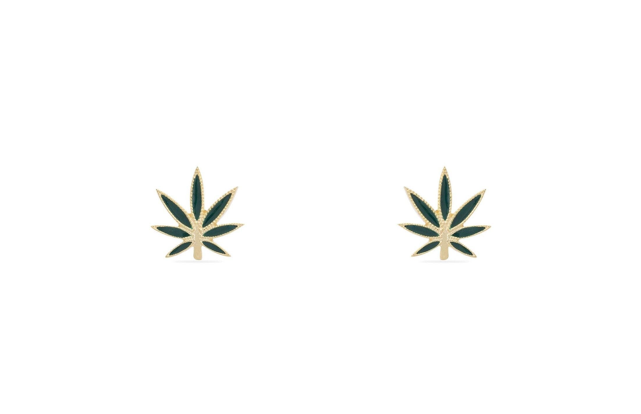 Cannabis Leaf Stud Earrings, Sterling Silver Marijuana Studs, Minimalist Gold Stud Earrings, Gift for Weed Lover